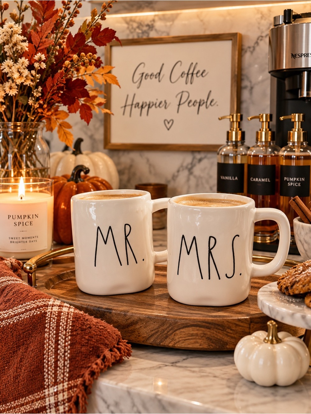 Mr. & Mrs. Rae Dunn Ceramic Coffee Mug Set - Cream